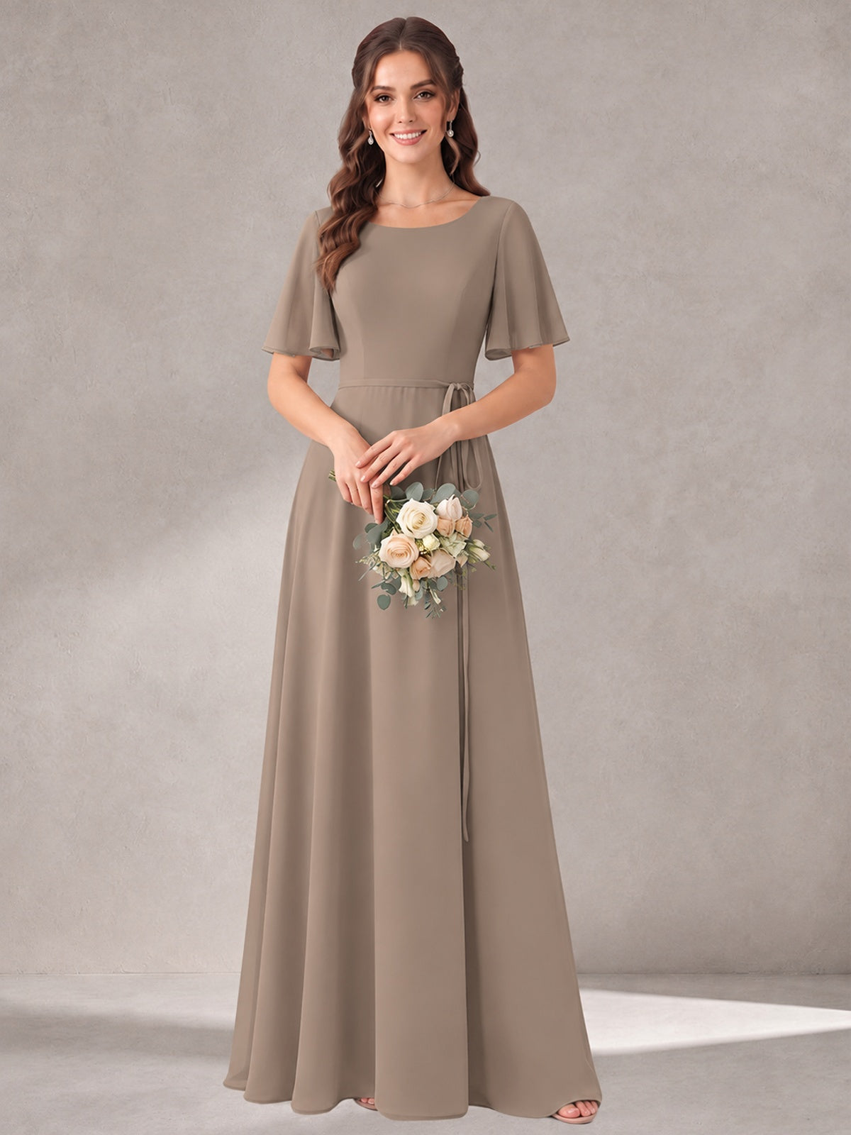 Scoop Neck A-line Chiffon Bridesmaid Dress with Flutter Sleeve & Belt