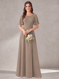 Scoop Neck A-line Chiffon Bridesmaid Dress with Flutter Sleeve & Belt