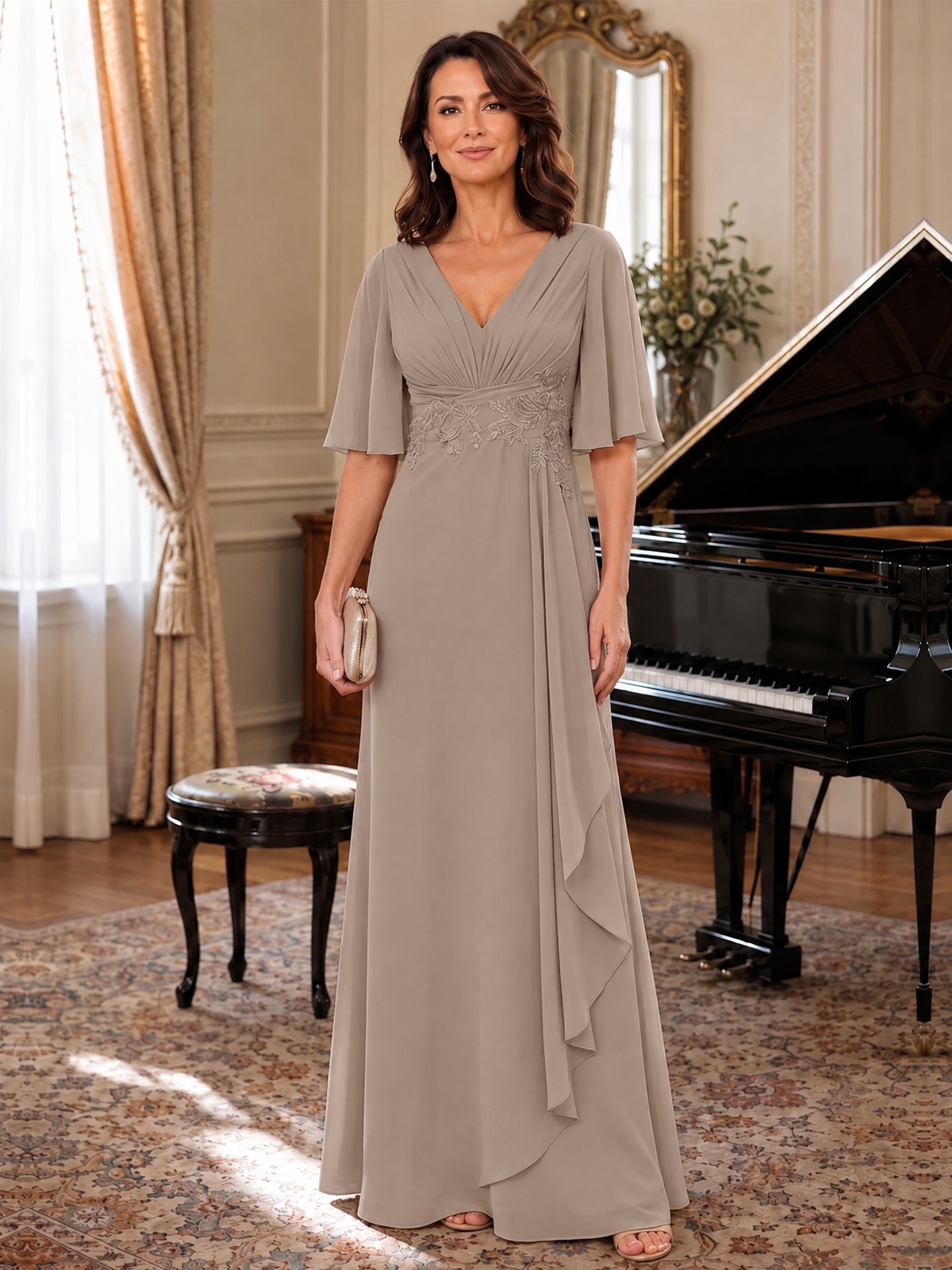 V-Neck Chiffon Lace Mother of the Bride Dresses