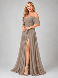 Off Shoulder Chiffon Bridesmaid Dress with Slit