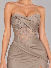 Strapless Satin Prom Dress with Sheer Lace Corset & High Slit