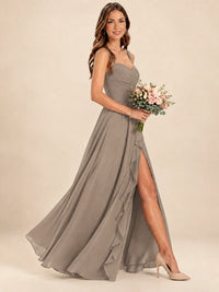 Spaghetti Straps Pleated Chiffon Bridesmaid Dress with Ruffle Slit