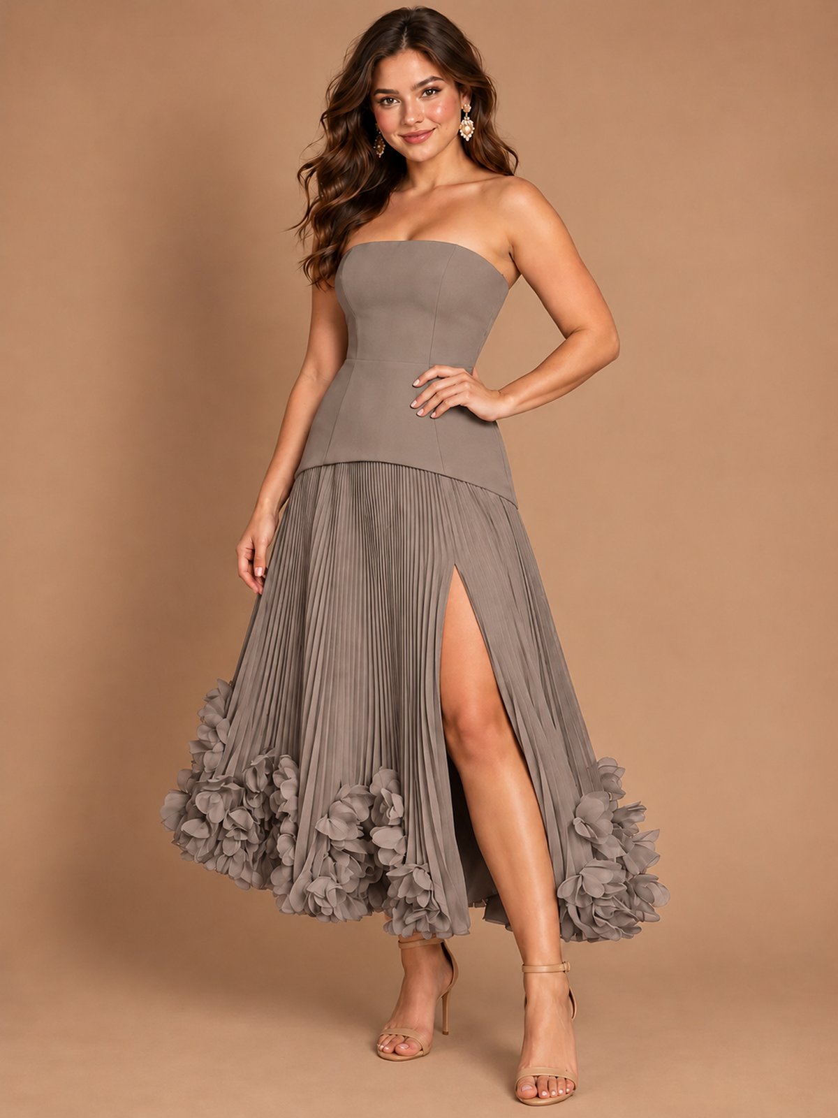 Navy Blue Strapless Pleated A-Line Midi Dress with 3D Floral Applique
