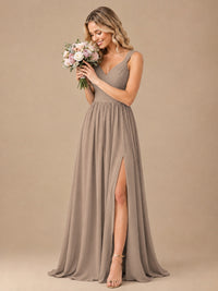 Pleated Chiffon V Neck Wedding Bridesmaid Dresses Floor Length with Slit