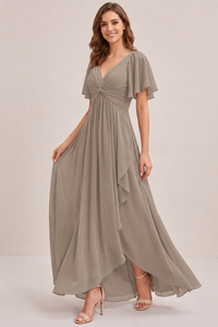 Dusty Blue Chiffon Bridesmaid Dress with Flutter Sleeves & High-Low Hem