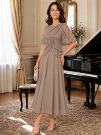 Tea-Length Chiffon Mother of the Bride Dress with Sequin Lace Sleeves