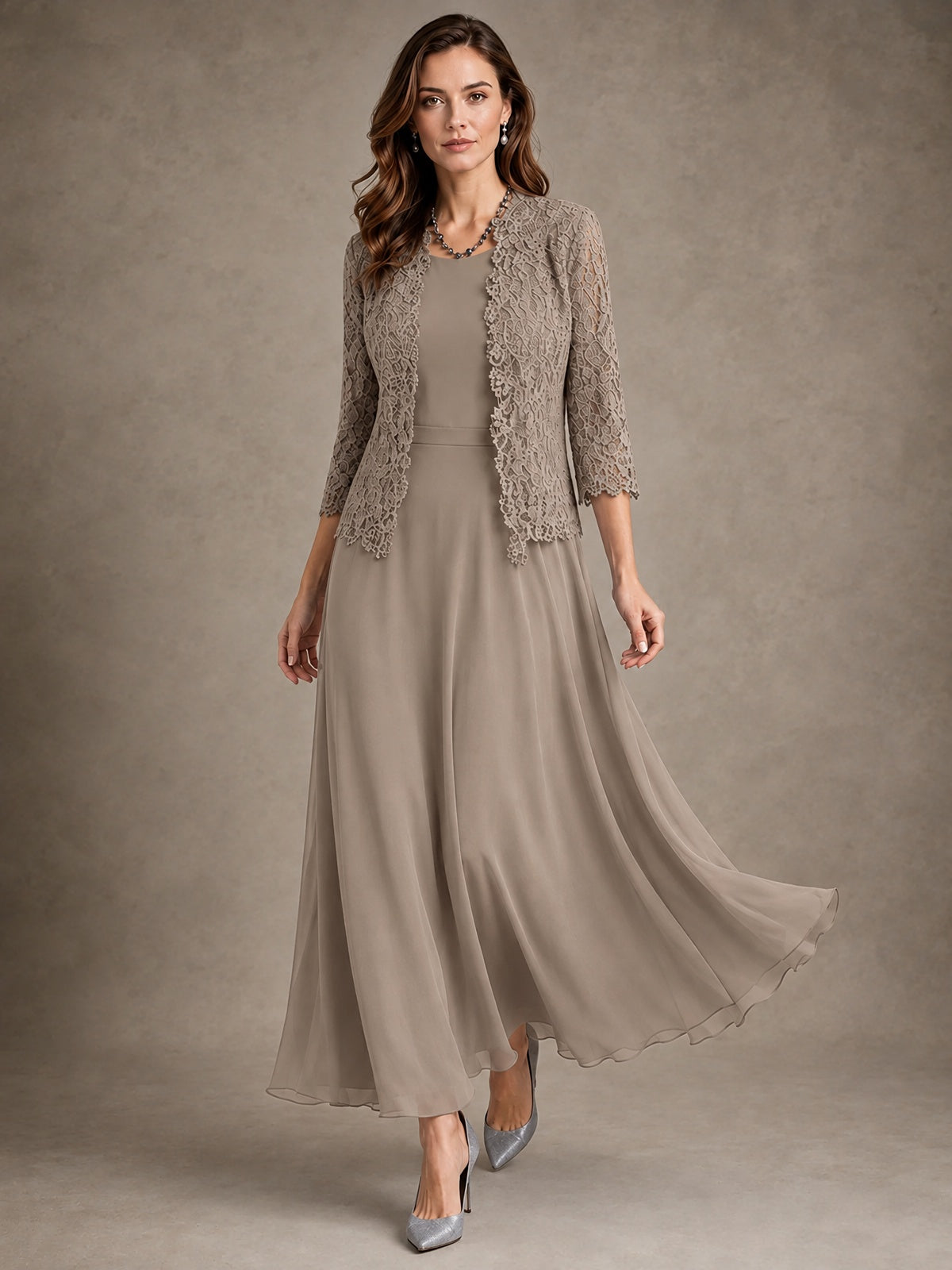 2-Piece Chiffon Mother of the Bride Dress with Lace Jacket