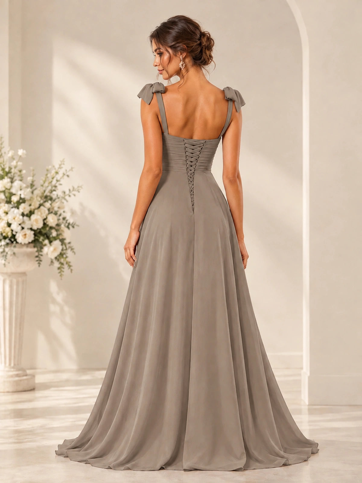Ruffle Slit Chiffon A Line Scoop Neck Bridesmaid Dresses with Pockets