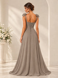 Ruffle Slit Chiffon A Line Scoop Neck Bridesmaid Dresses with Pockets