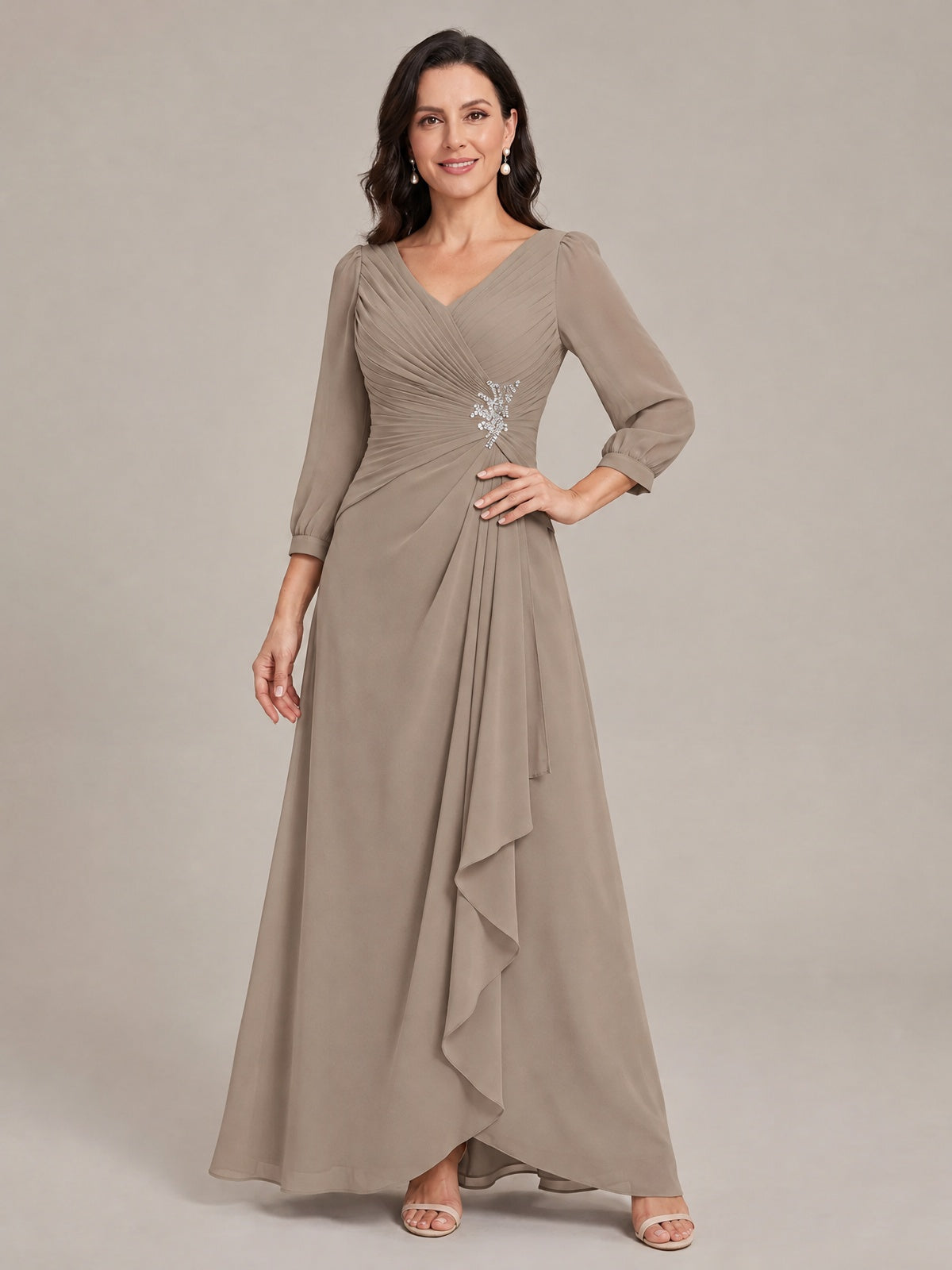 V-Neck Pleated Chiffon Mother of the Bride Dress with Flutter Sleeves