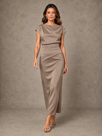 Cowl Neck Satin Mother of the Bride Dress with Ruched Waist