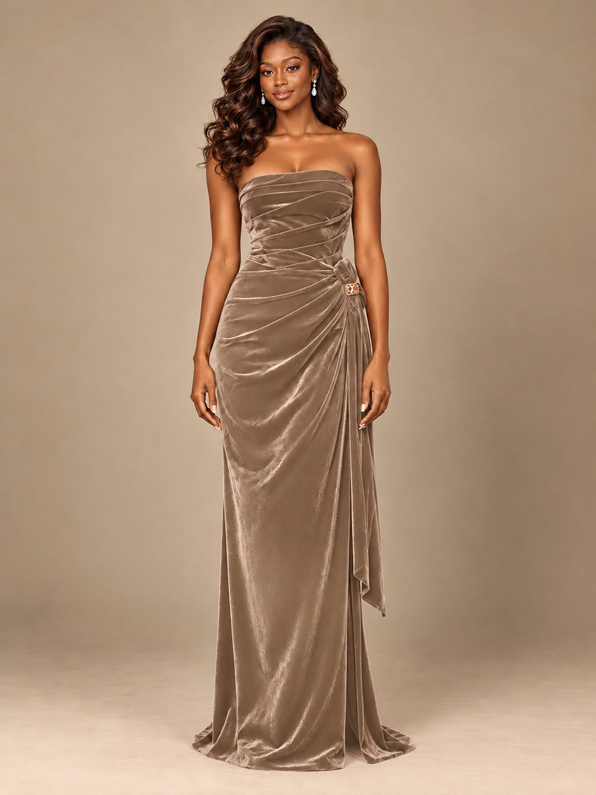 Burgundy Velvet Strapless Ruched Prom Dress with Jeweled Side Drape