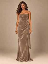 Burgundy Velvet Strapless Ruched Prom Dress with Jeweled Side Drape