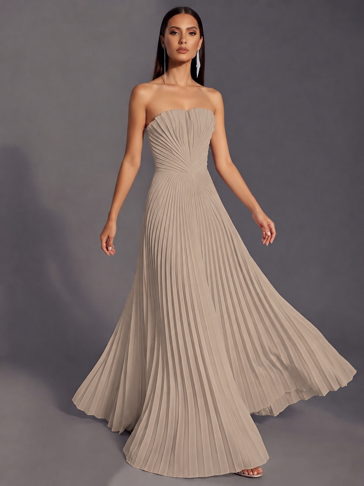 Strapless A-line Long Pleated Satin Prom Dress