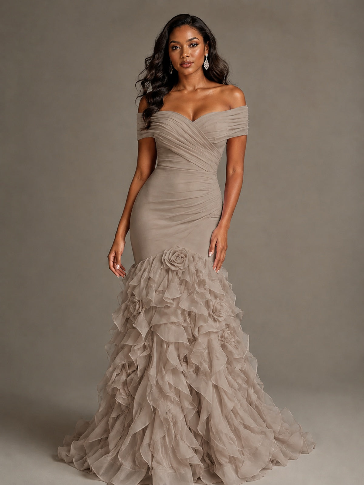 Pink Off-the-Shoulder Mermaid Prom Dress with Ruffles 3D Flowers