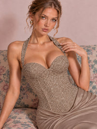 Sparkling Halter Corset Satin Mermaid Prom Dress