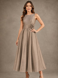 Tea-Length Satin Mother of the Bride Dress with 3D Flower Detail
