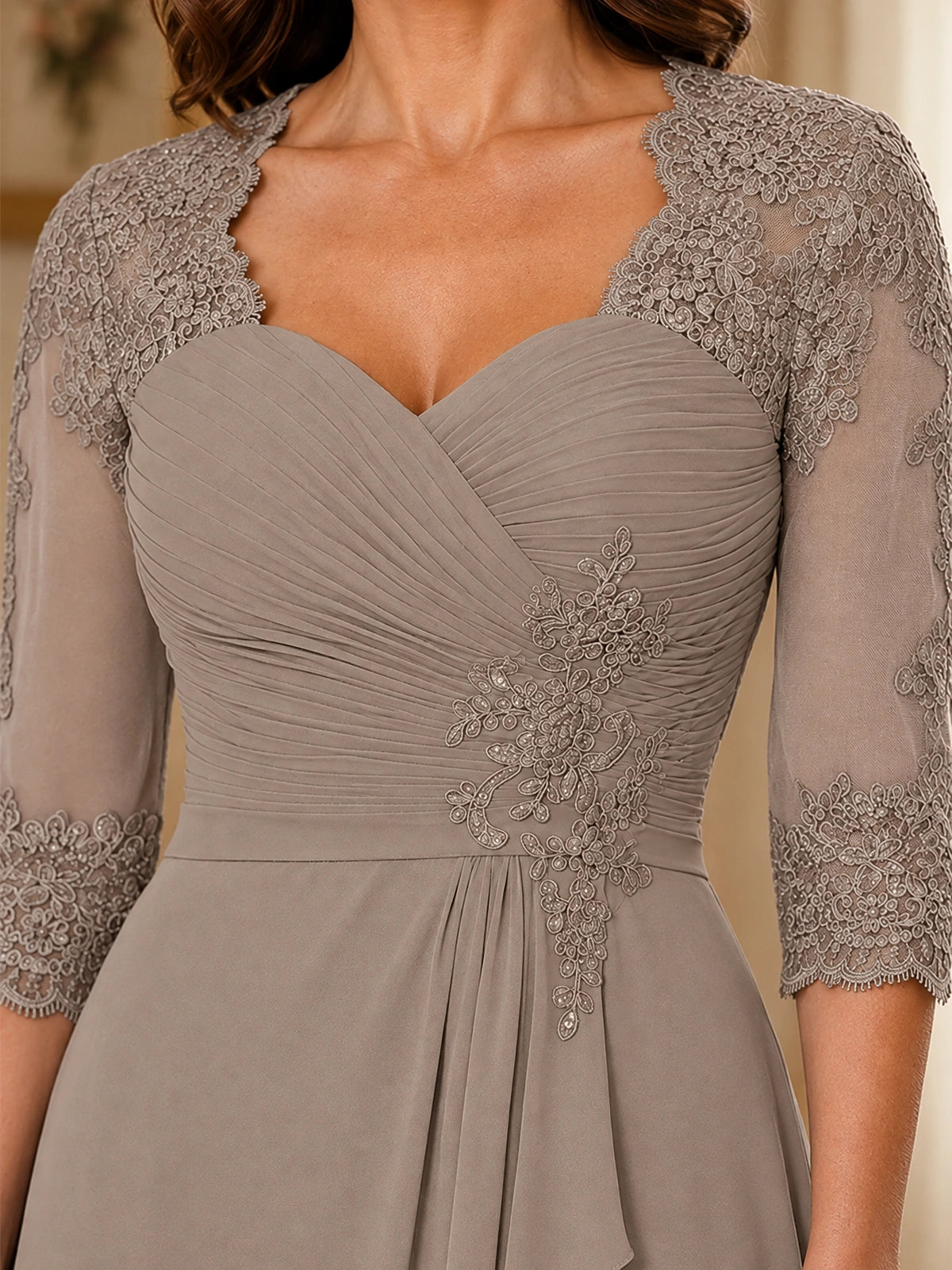 Chiffon Lace Applique Mother of the Bride Dress with 3/4 Sleeves