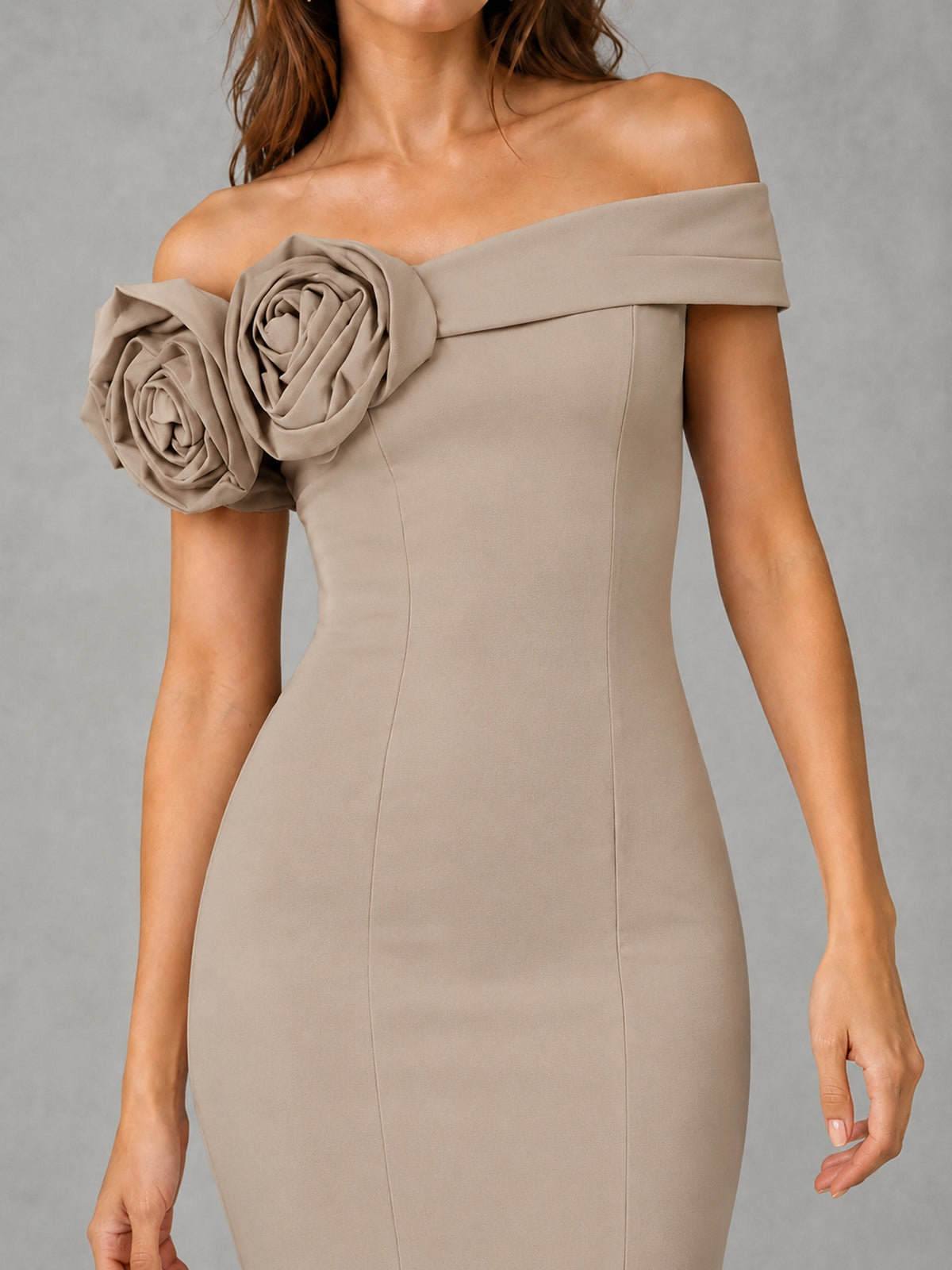 Blush Pink Off Shoulder Mermaid Bridesmaid Dress with Floral Rosette