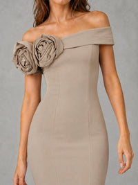 Blush Pink Off Shoulder Mermaid Bridesmaid Dress with Floral Rosette