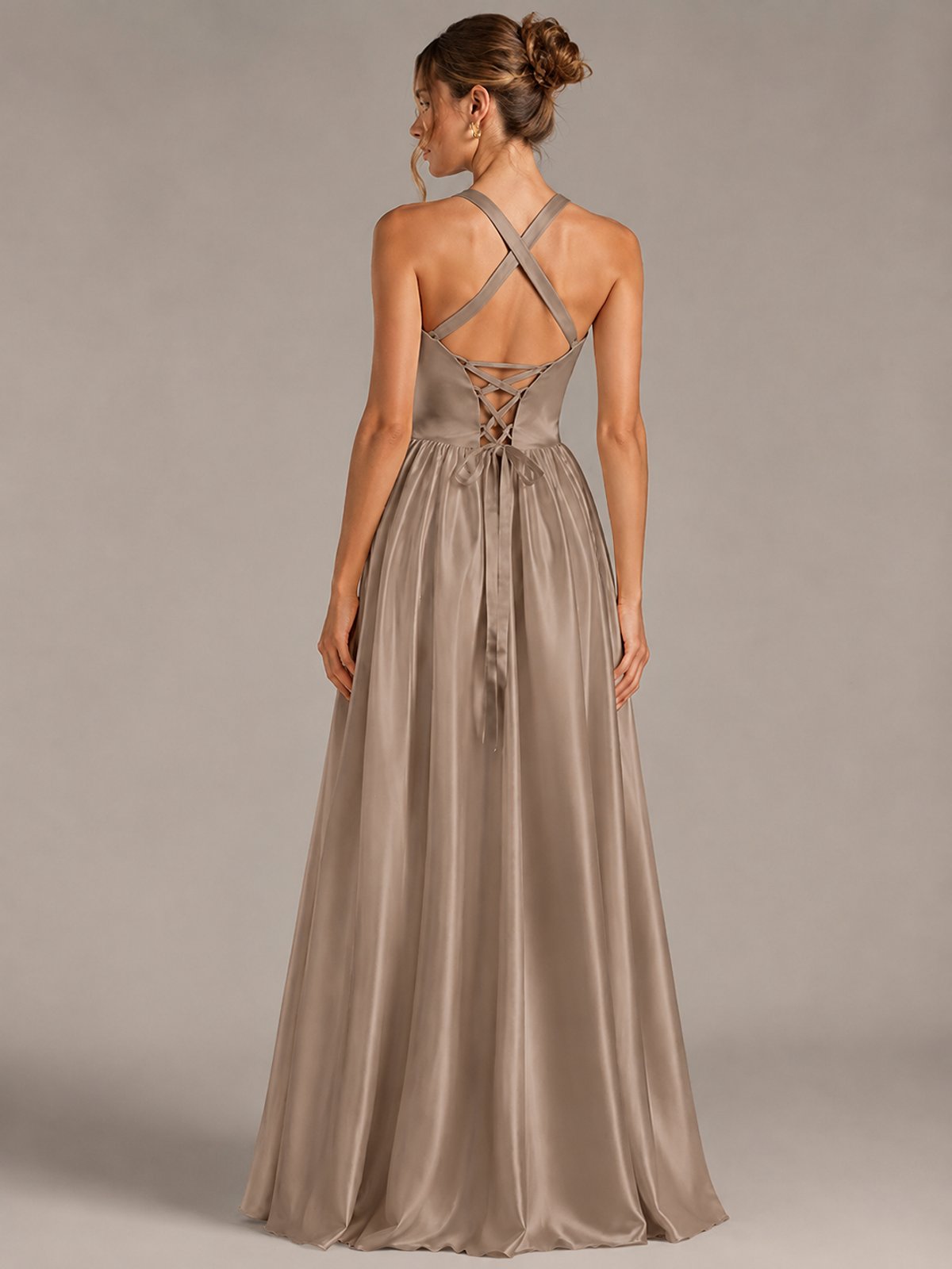 Light Yellow Halter Neck Satin A-Line Maxi Dress with Pockets