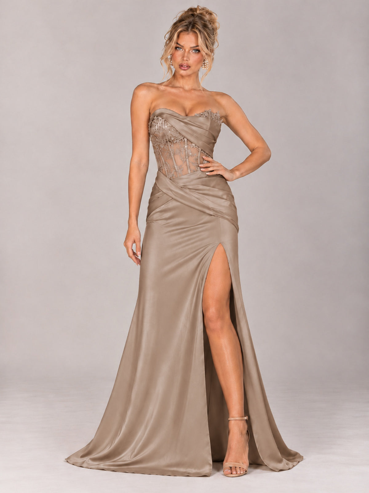 Strapless Satin Prom Dress with Sheer Lace Corset & High Slit