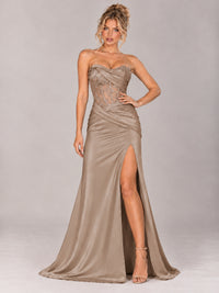 Strapless Satin Prom Dress with Sheer Lace Corset & High Slit