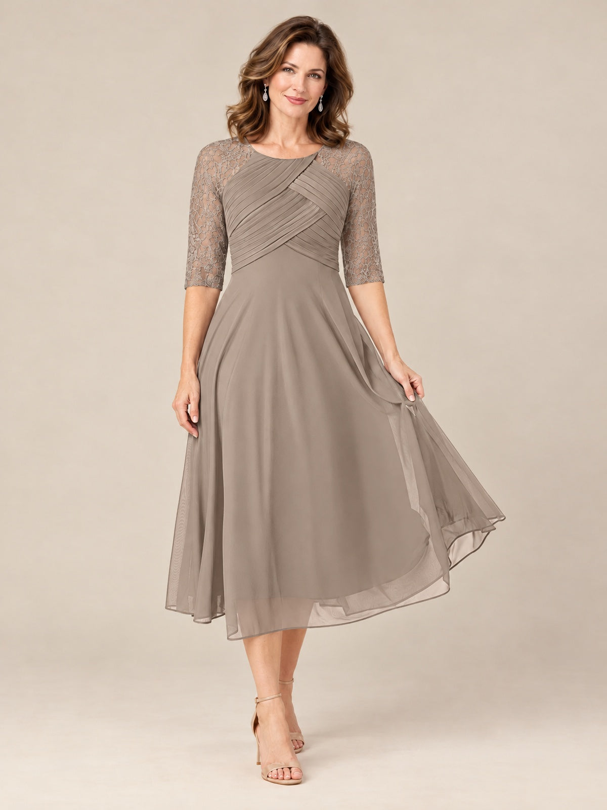 Tea-Length Mother of the Bride Dress with Lace 3/4 Sleeves