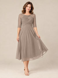 Tea-Length Mother of the Bride Dress with Lace 3/4 Sleeves