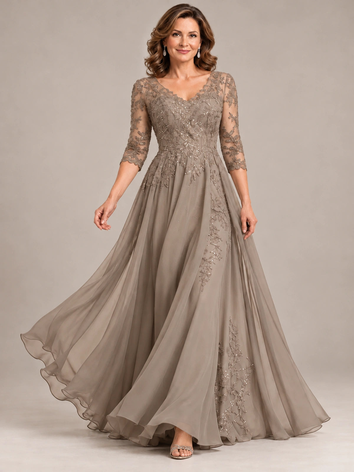 Sequin Lace A-Line Mother of the Bride Dress with 3/4 Sleeves