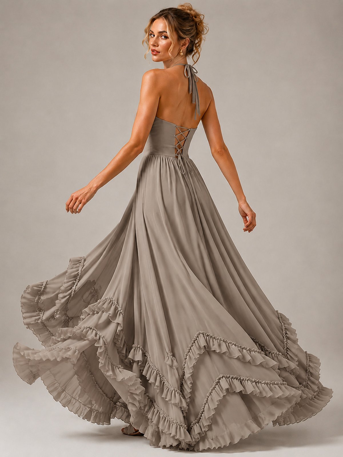 Halter V Neck Chiffon Formal Dress with Lace-Up Back and Ruffle Hem