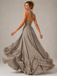 Halter V Neck Chiffon Formal Dress with Lace-Up Back and Ruffle Hem