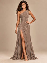 Burgundy One Shoulder Ruched Prom Dress with High Slit & Beaded Waist