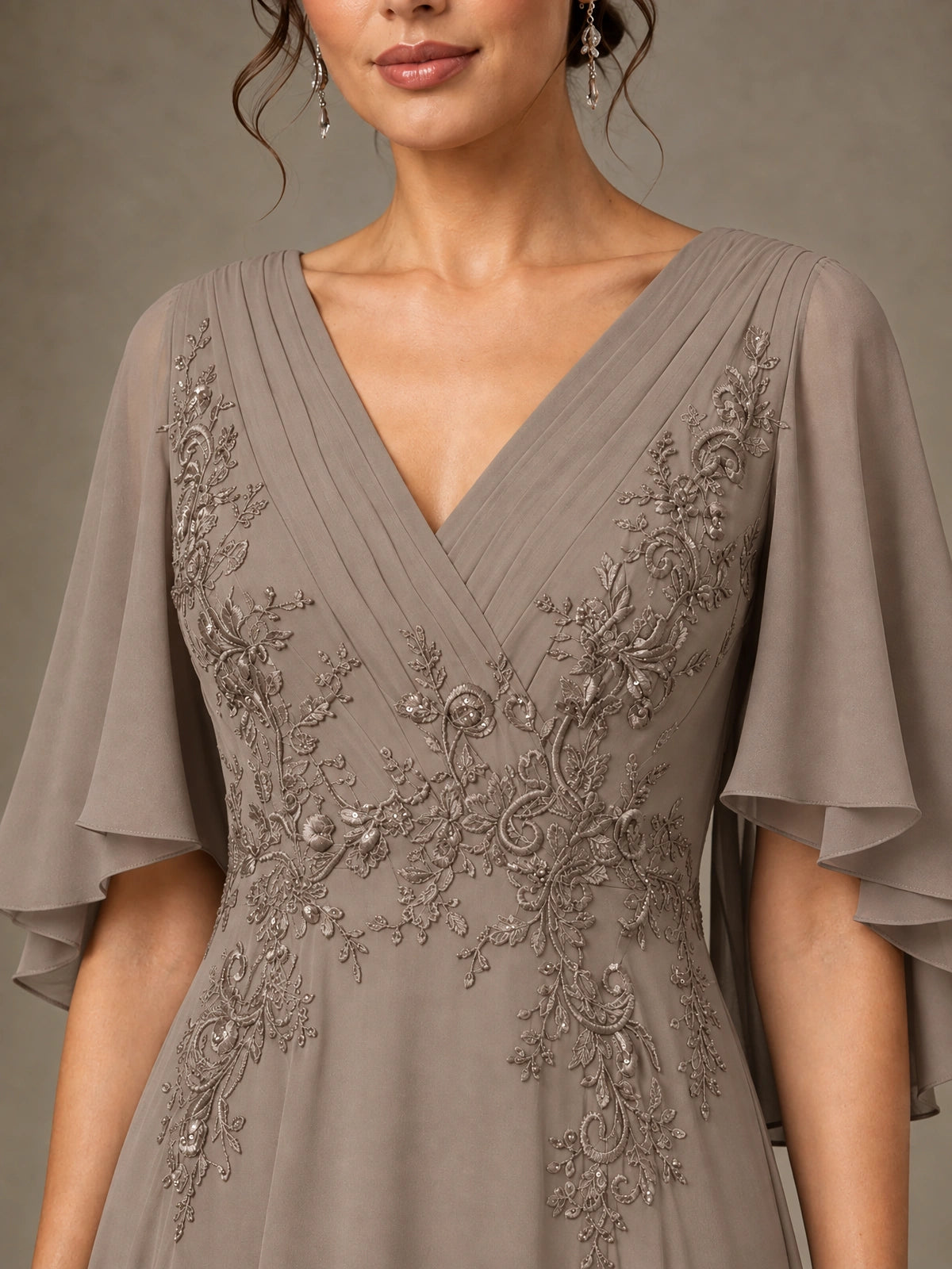 V-Neck Chiffon Lace Mother of the Bride Dress with Flutter Sleeves
