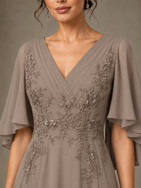 V-Neck Chiffon Lace Mother of the Bride Dress with Flutter Sleeves