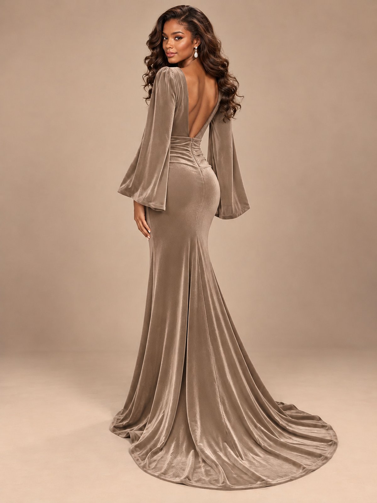 Burgundy Velvet Deep V-Neck Ruched Long Sleeve Maxi Dress
