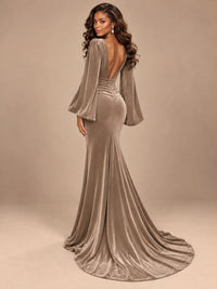 Burgundy Velvet Deep V-Neck Ruched Long Sleeve Maxi Dress