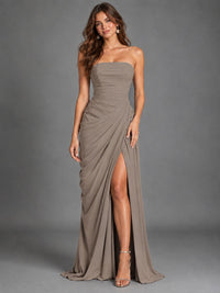 Strapless Bodycon Pleated Chiffon Formal Dress with Slit