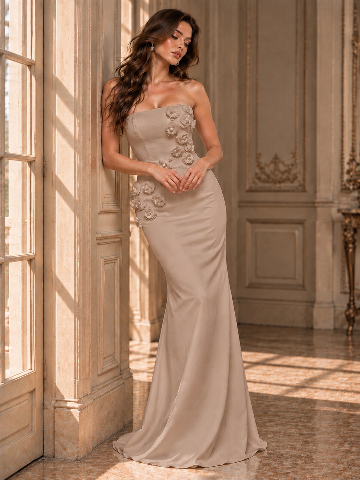 White Strapless Mermaid Maxi Dress with 3D Floral Appliques