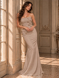 White Strapless Mermaid Maxi Dress with 3D Floral Appliques
