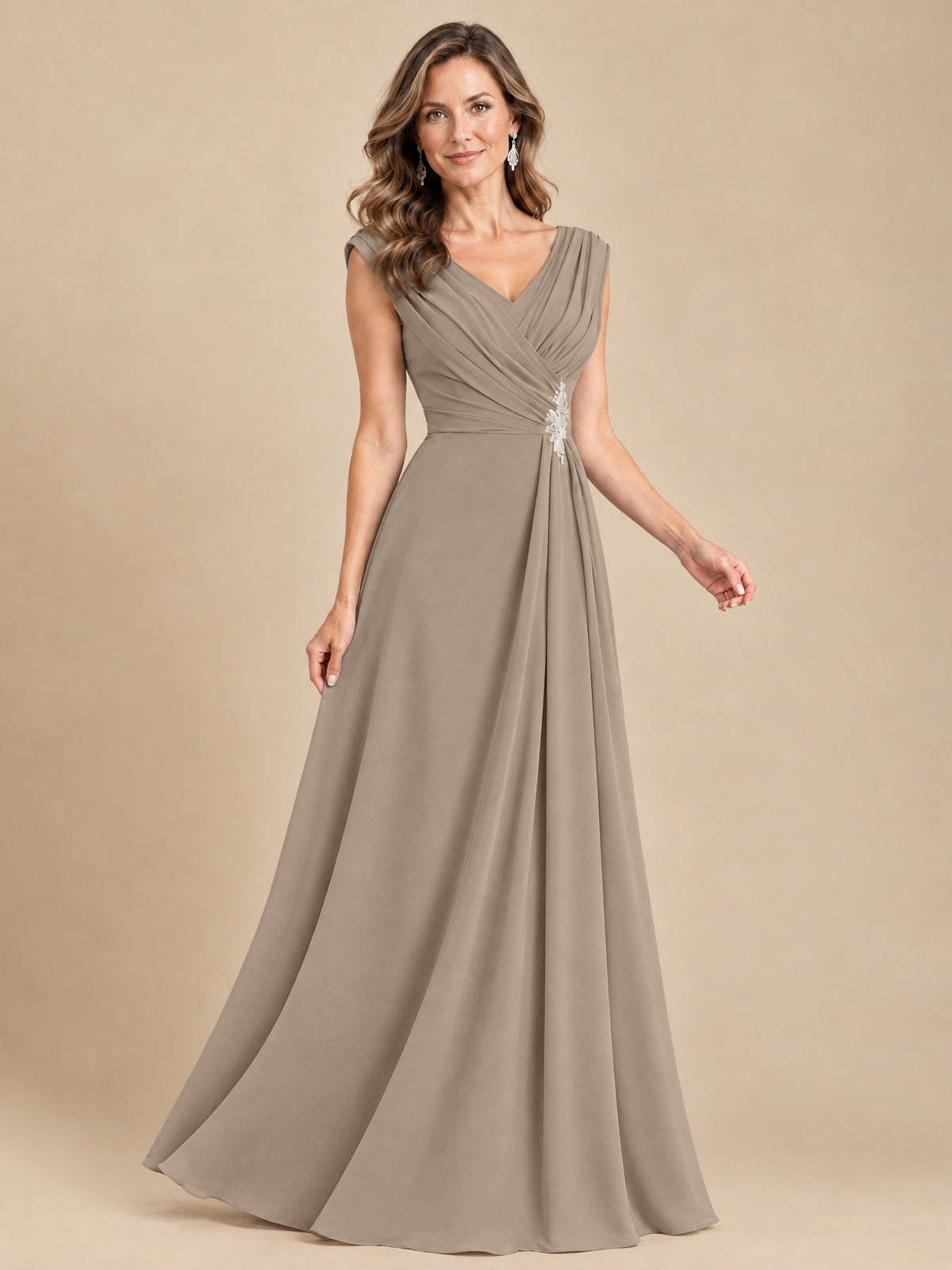 V Neck Pleated Mother of The Bride Dresses with Beading Cap Sleeves