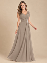 V Neck Pleated Mother of The Bride Dresses with Beading Cap Sleeves