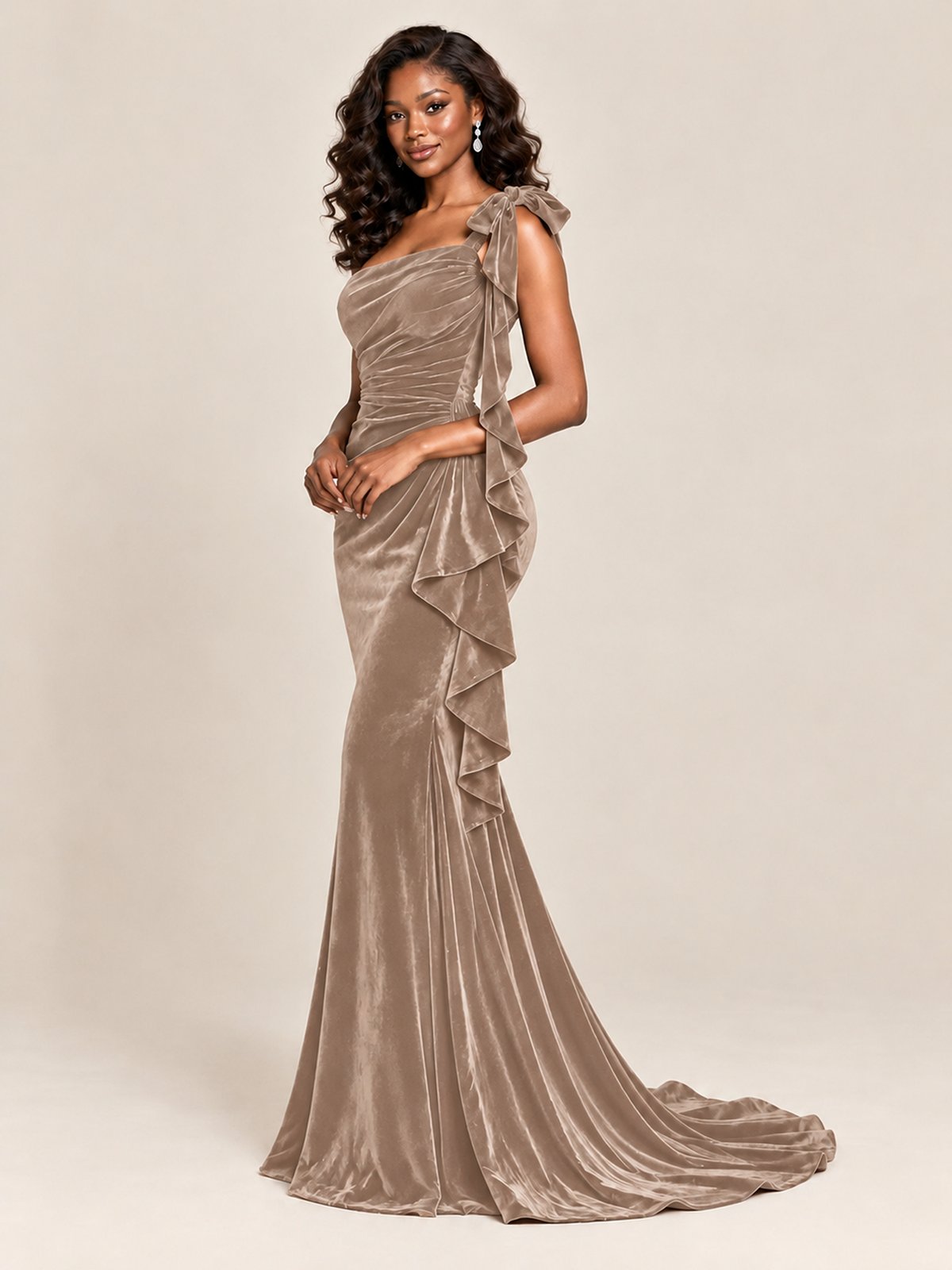 Black Velvet One-Shoulder Mermaid Evening Gown with Bow & Ruffles