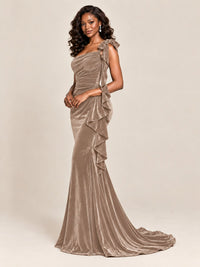 Black Velvet One-Shoulder Mermaid Evening Gown with Bow & Ruffles