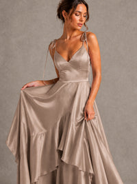 Lavender Satin V-Neck Ruffle Maxi Dress