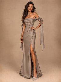 Off The Shuolder Satin Prom Dress Slit Mermaid Formal Gowns