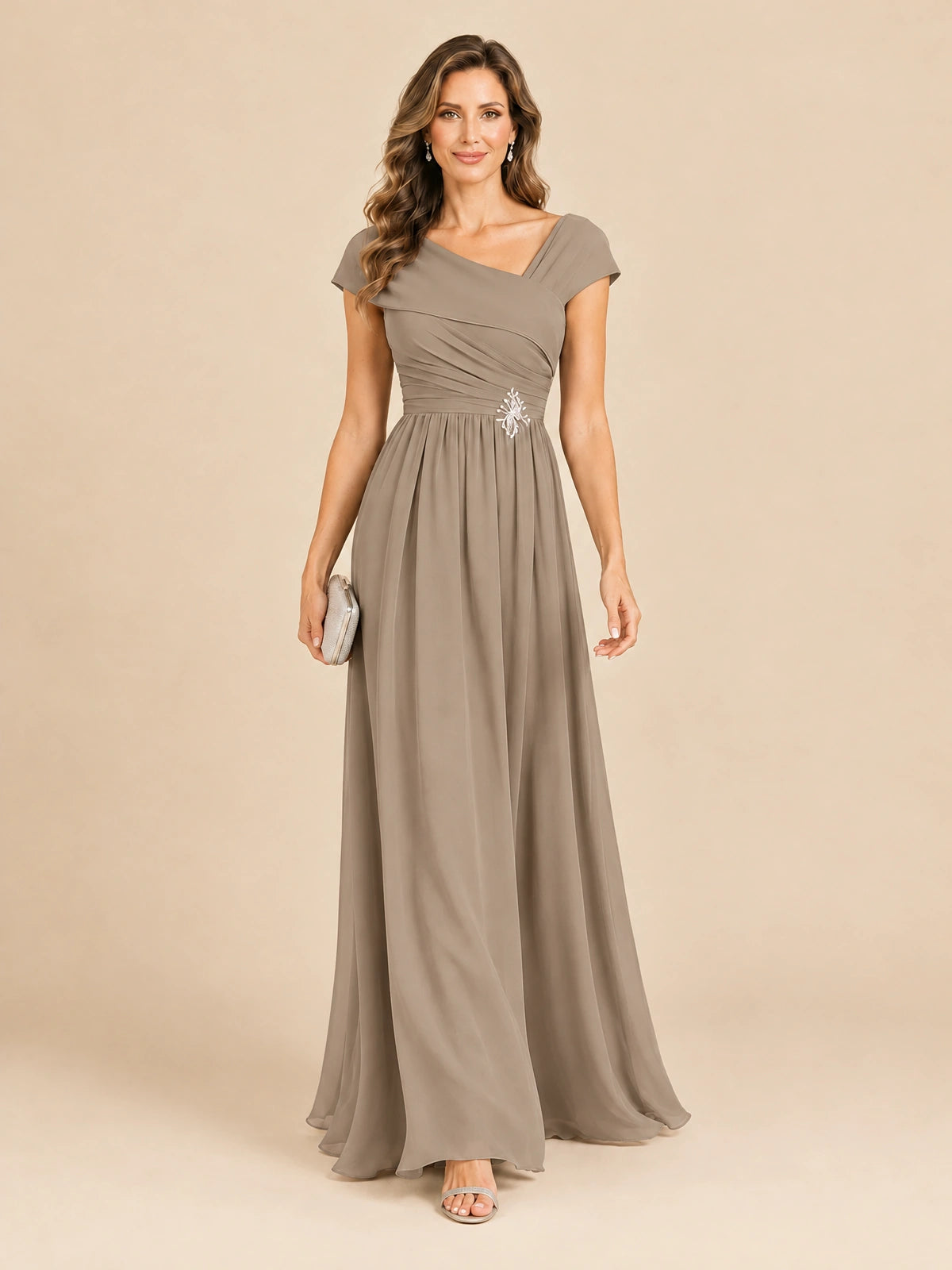 Cap Sleeve Mother of The Bride Dresses Long Chiffon Formal Gowns