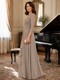 A-Line Chiffon Mother of the Bride Dress with Floral Applique 3/4 Sleeves