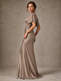 V-Neck Satin Mother of the Bride Dress with Flutter Sleeves