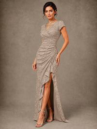 V-Neck Floral Jacquard Mother of the Bride Dress with Slit